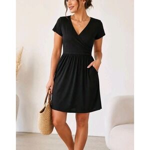 OUGES Women's Black Wrap Dress Size Small Short Sleeve Stretch NWT Casual
